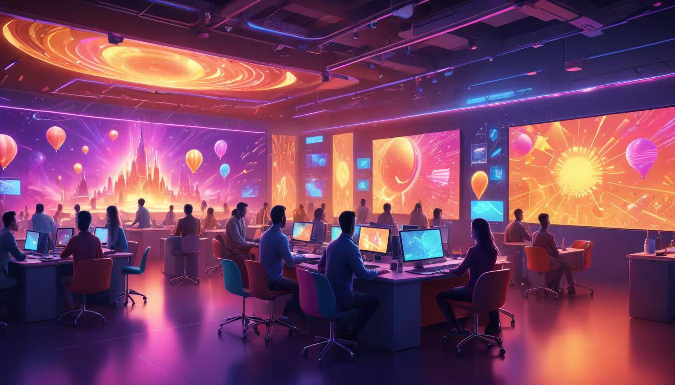 A futuristic party planning scene showing AI-generated personalized party decorations and supplies