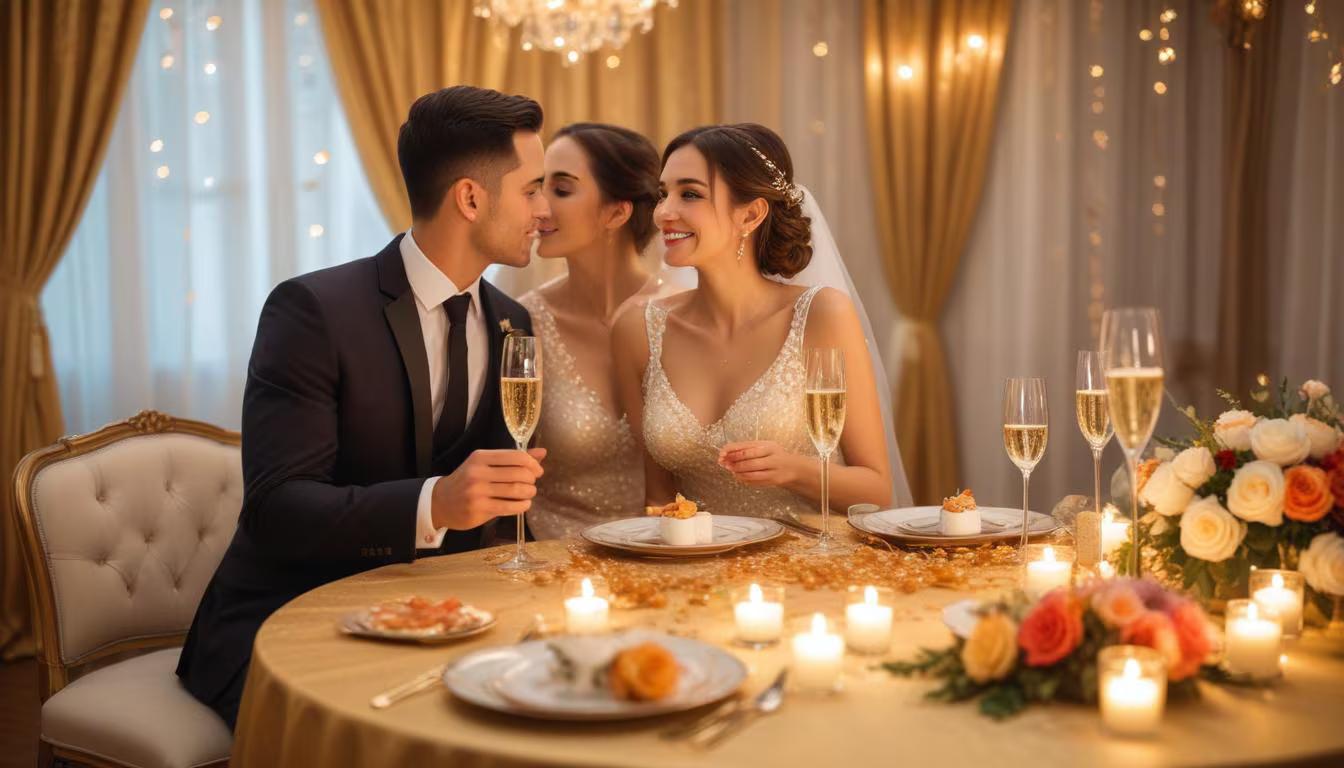 Elegant anniversary party setup with personalized decorations, floral centerpieces, and milestone celebration details