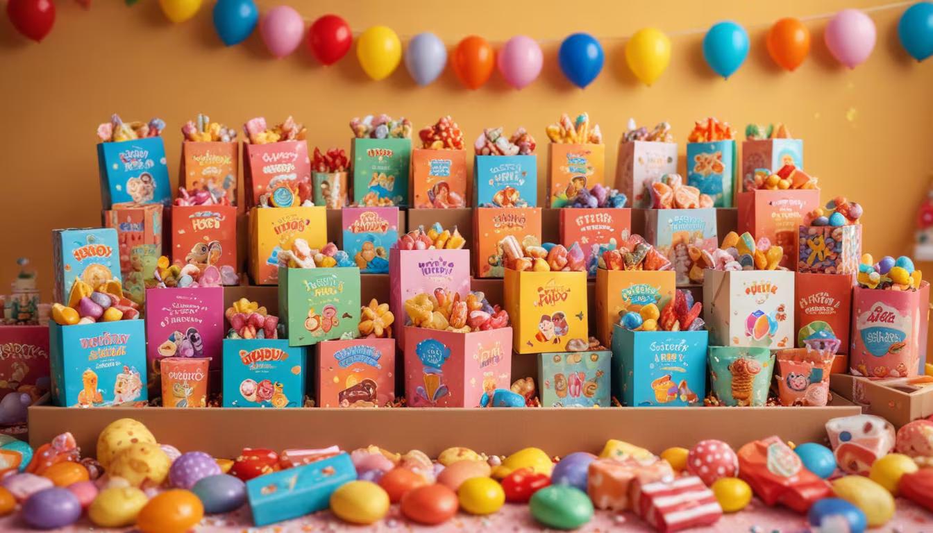 Colorful birthday party favor bags filled with fun toys, treats, and personalized items that kids will love