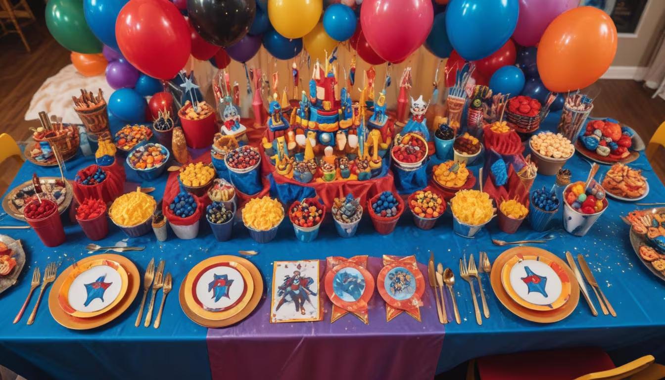Assortment of themed birthday party decorations including dinosaur, unicorn, and superhero elements