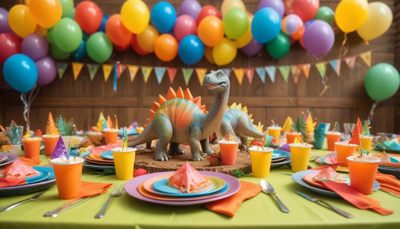 Colorful dinosaur themed birthday party table with plates, cups, balloons and decorations