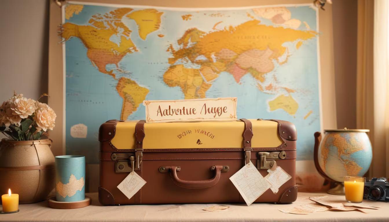 Festive going away party with travel-themed decorations, a world map backdrop, and colorful farewell banners