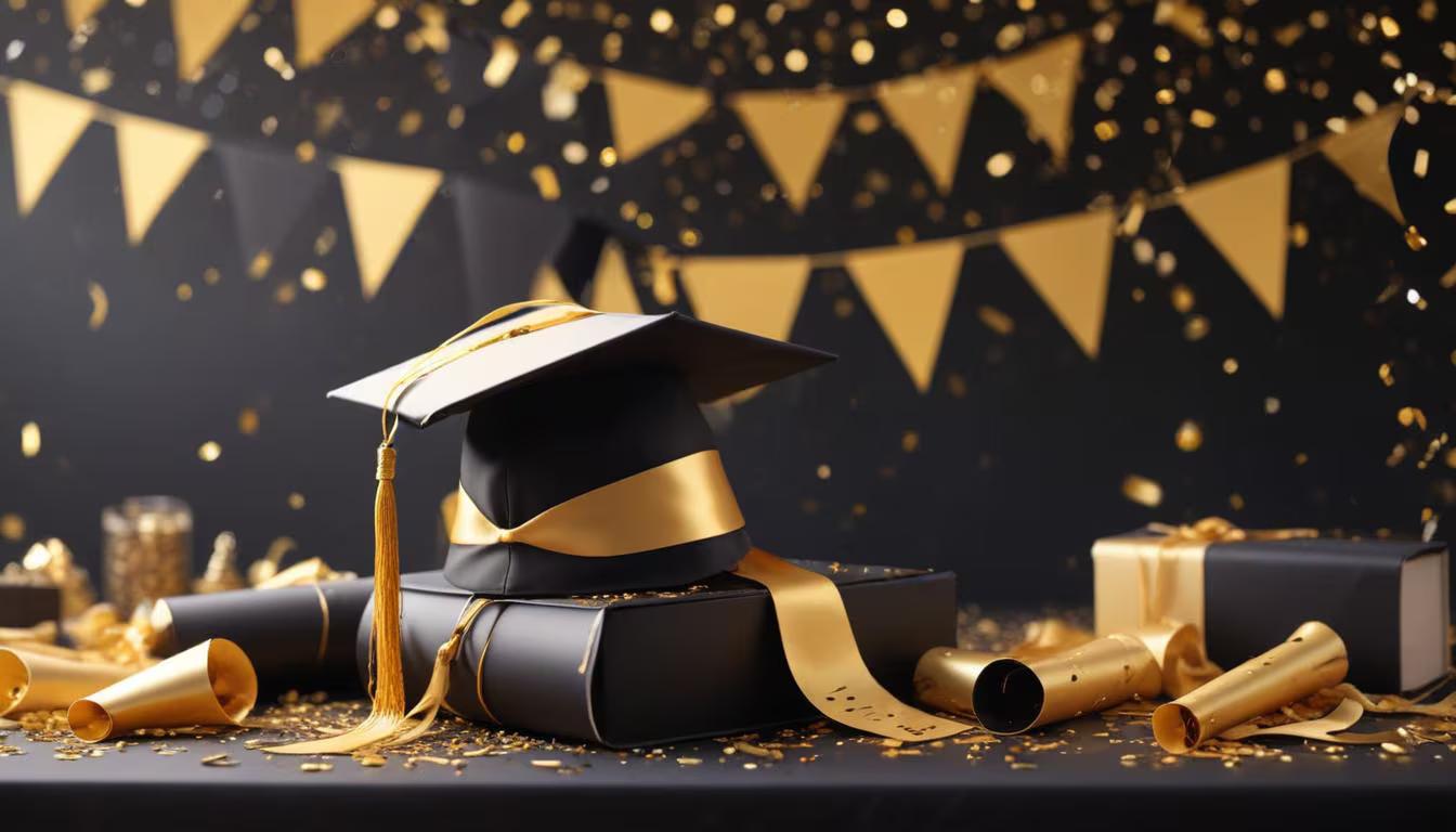 Graduation party setup with cap and gown decorations, photo displays, and personalized table settings