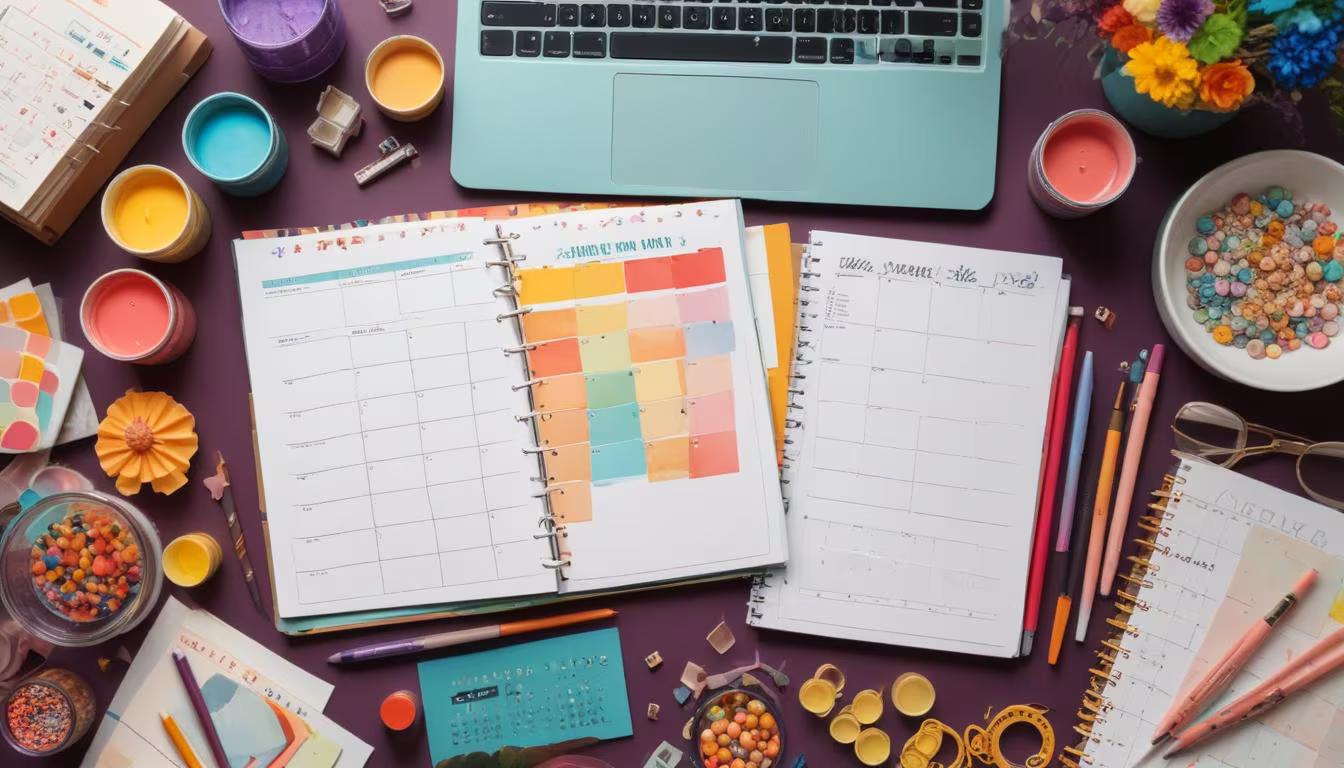 A colorful kids birthday party with balloons, streamers, a decorated table, and happy children playing games