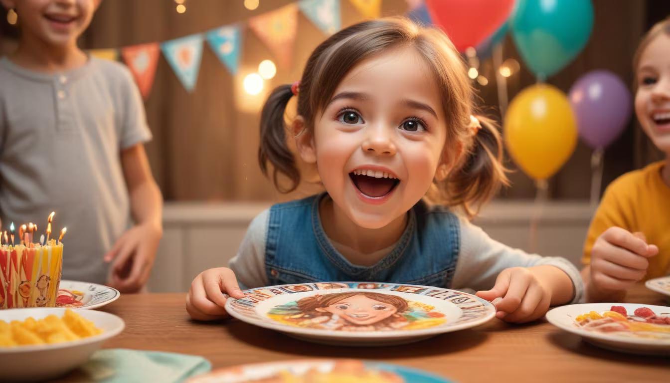 A child excitedly looking at a personalized birthday plate featuring their own illustrated likeness