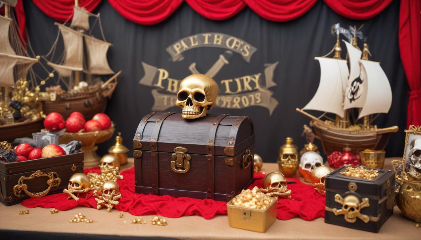 Pirate themed birthday party with treasure chests, skull and crossbones decorations, and nautical rope accents