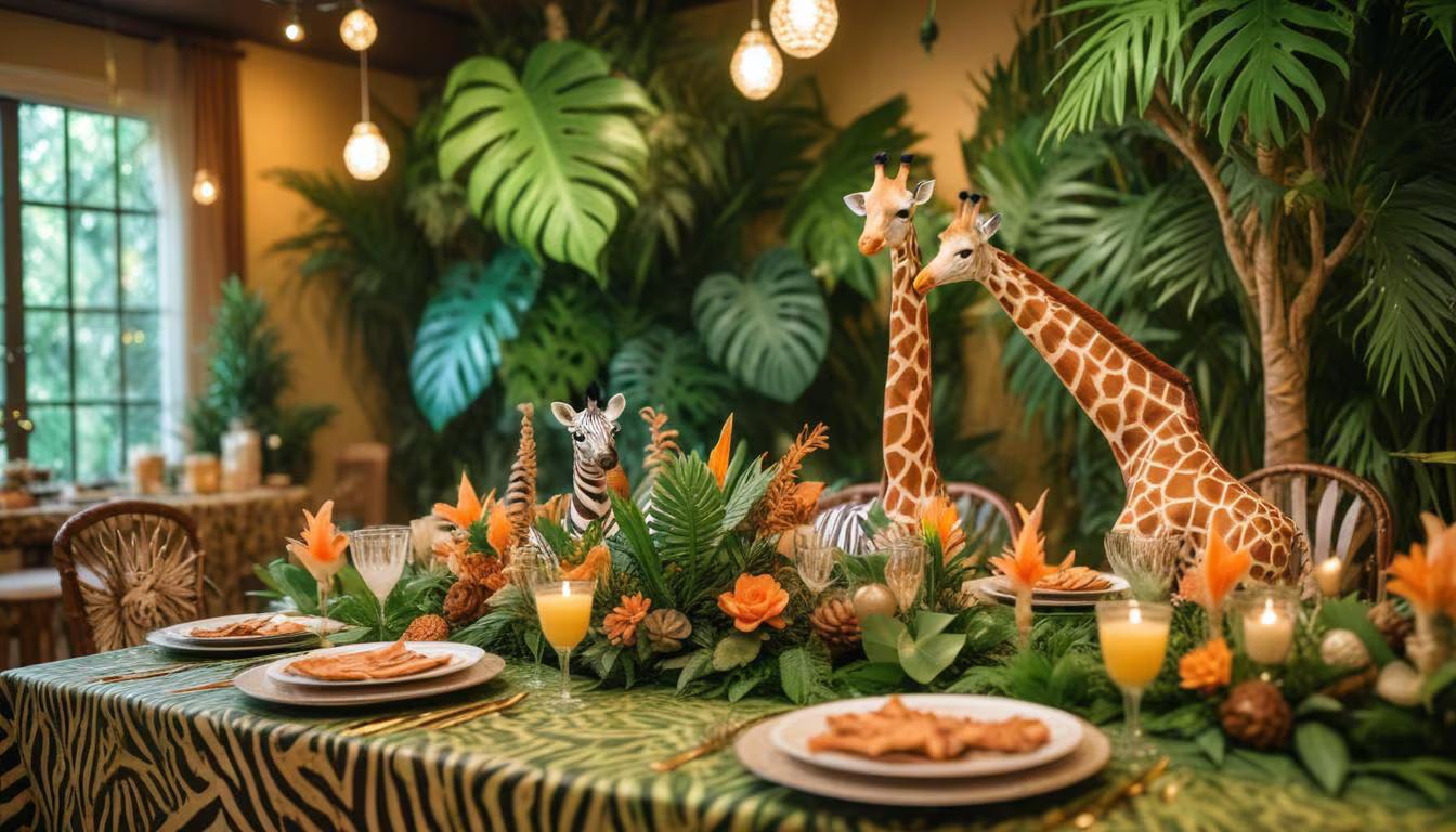 Safari themed birthday party with animal print decorations, jungle greenery, and wooden safari props
