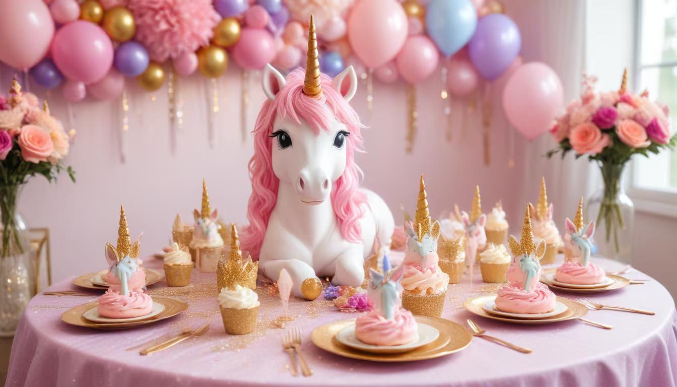 Magical unicorn themed birthday party with pastel rainbow decorations, sparkly table settings, and unicorn cake