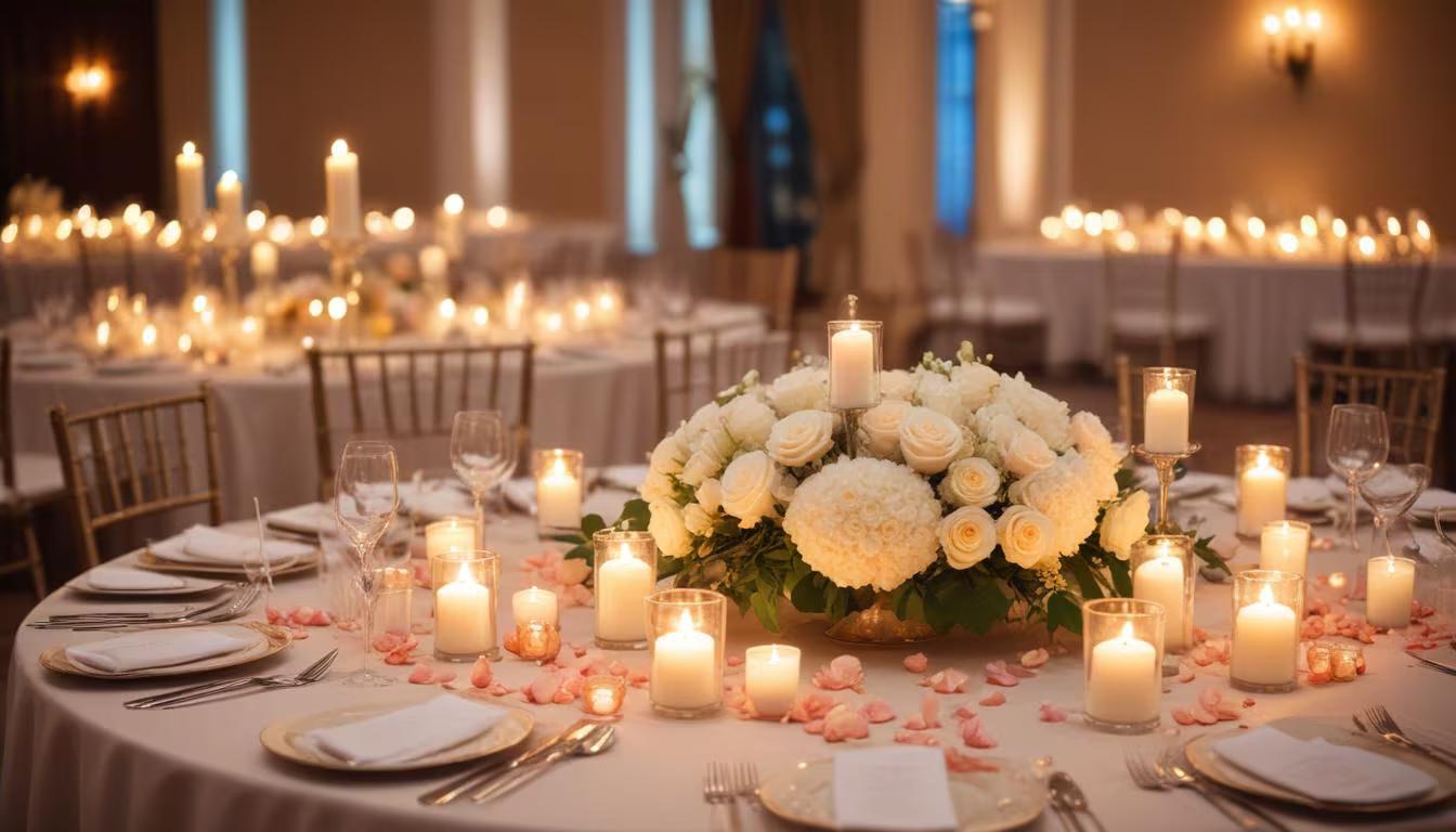 Beautifully decorated wedding reception with elegant centerpieces, personalized table settings, and romantic lighting